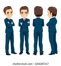 Happy young adult businessman from different angle view