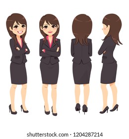 Happy young adult businesswoman from different angle view