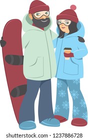 Happy young adult couple with Snowboard Vector Cartoon flat Style illustration