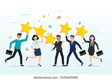 Happy young adult customer holding 5 stars rating, customer experience, best score rating, client feedback or consumer review, 5 stars rating, like or positive survey, customer satisfaction concept