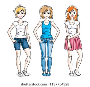 Happy young adult girls female standing in stylish casual clothes. Vector characters set.