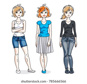 Happy young adult girls group standing wearing fashionable casual clothes. Vector people illustrations set.