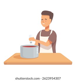 Happy young adult man cooking with enthusiasm and joy in the kitchen. Wearing an apron and stirring a pot of homemade soup on the stove