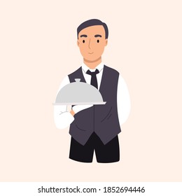A happy young adult waiter in a suit holds a ram with food . Restaurant staff characters design.Vector hand drawn illustration.
