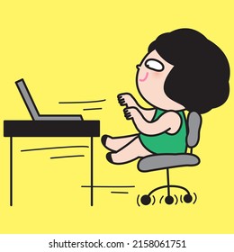 Happy Young Adult Woman Riding On An Office Chair At The Workplace After Ending Of Day Work Tasks Concept Card Character illustration