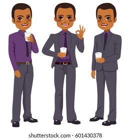 Happy young African American adult businessman enjoying take away coffee