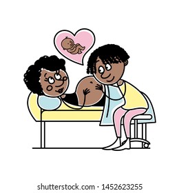 a happy young African American couple is expecting a baby. future father gently stroking the belly of his beloved wife