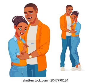 Happy young African American couple expecting a baby. Smiling pregnant woman and her husband with positive pregnancy test result. Cartoon vector illustration.