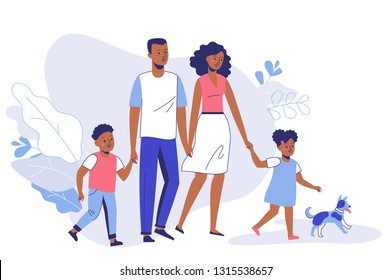 Happy Young African American Family Dad, Mom, Son, Daughter And Dog On Walk. Family Black Couple Father And Mother With Children Girl And Boy Walking Together. Happiness And Love Concept.