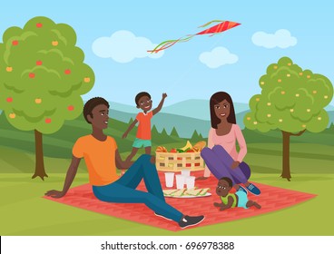 Happy Young African American Family With Kid On A Picnic. Dad, Mom And Son Are Resting In Nature. Vector Cartoon Illustration.