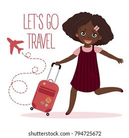 Happy young african american girl tourist run with her baggage spinner valise. Summer holiday and travelling concept. Lets go travel text. Flat modern vector illustration isolated on white background