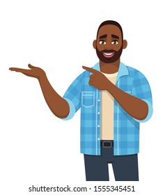 Happy Young African American Man Presenting Hand Gesture. Stylish Person Pointing Finger To Copy Space. Male Character Design Illustration. Diverse People. Modern Lifestyle Concept In Vector Cartoon.