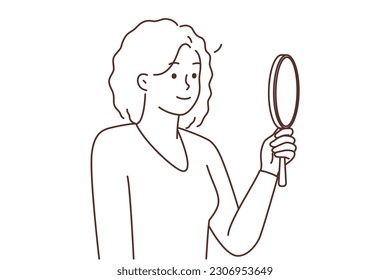 Happy young African American woman look in mirror loving her reflection. Smiling black girl with good self-esteem and love to herself. Vector illustration. 