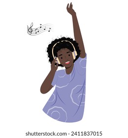 Happy young African American woman listening and dancing to music or song with headphone. Girl enjoying music - Simple flat vector illustration.