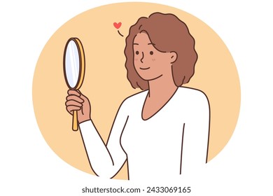 Happy young African American woman look in mirror loving her reflection. Smiling black girl with good self-esteem and love to herself. Vector illustration.