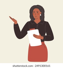 Happy young african american woman pointing and showing smth with hand. Smiling person or businesswoman explaining and presenting smth. Colored flat vector illustration isolated on white background