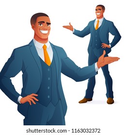 Happy young African business man presenting. Full length cartoon style vector illustration isolated on white background EPS10.