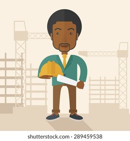 Ein glücklicher junger afrikanischer Bauarbeiter, der einen harten Hut und einen Blaupausenplan hält. Ein zeitgenössischer Stil mit Pastellfarben, beigem Hintergrund. Vektorflache Design-Illustration. Quadratisches Layout.