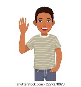 Happy young African man with hand in the pocket waving hand and say hello greeting gesture