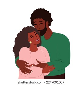 Feliz Pareja Romántica Africana Joven Jóvenes juntos. Esposa Negra, Esposo abrazándose el uno al otro. Apoyando, abrigando, amando las relaciones. La familia confía en la gente. Amor verdadero. Sonriente Mujer Romántica, Hombre. Ilustración vectorial plana