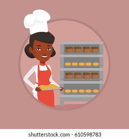 Happy young african-american baker holding tray of bread in the bakery. Baker standing near bread rack. Baker holding baking tray. Vector flat design illustration in the circle isolated on background.