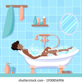  happy young African-American girl is lying in a bathtub in soap suds.  interior of a cozy bathhouse with a black girl. The concept of a relaxing holiday at home. Vector illustration in cartoon style.