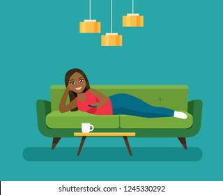 Happy young afro american woman with TV remote control lying on sofa isolated. Vector flat style illustration