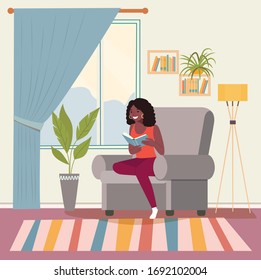 Happy young afro american woman is relaxing on comfortable chair and reading book. Vector flat illustration