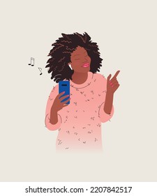 Happy young afro american woman In wireless earbuds, listening to music and dancing. Positive emotion. Modern verctor illustration.