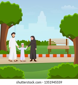 Happy Young Arabian Family, Father Mother and Son Walking Together in Park Cartoon Illustration