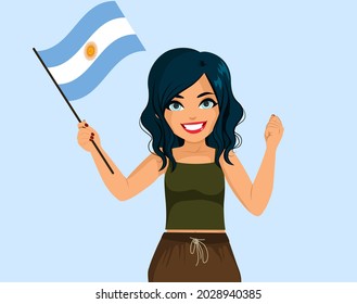 Happy young Argentinian woman smiling with flag of Argentina