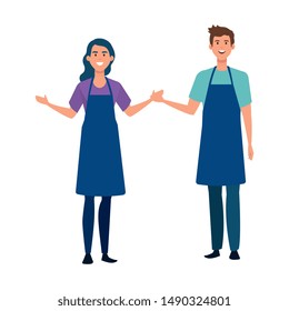 happy young artist couple with aprons