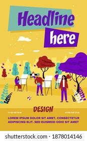 Happy young artists painting nature in open air. Autumn, art, lesson flat vector illustration. Hobby and cityscape concept for banner, website design or landing web page