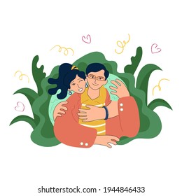 Happy young asian family hugging. Joyful girl with ponytail winking and hugging a guy in glasses. Woman and man together. Doodle style vector illustration