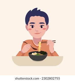 Happy young asian man eating japanese ramen dish. A boy sits at a table in a restaurant and has lunch with delicious traditional food. Bon appetit. Flat vector illustration of a cute beautiful male