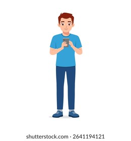Happy Young Asian Man Holding Mobile Phone with a Smiling Expression in Casual Pose Illustration