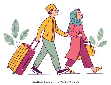 Happy young Asian Muslim couple bringing suitcase to go on a Eid Al Fitr holiday, isolated by white background. Ramadan and mudik concept.