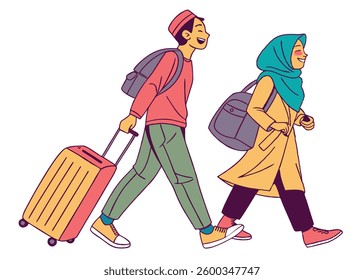 Happy young Asian Muslim couple bringing suitcase to go on a Eid Al Fitr holiday, isolated by white background. Ramadan and mudik concept.