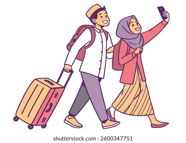Happy young Asian Muslim couple bringing suitcase to go on a Eid Al Fitr holiday, isolated by white background. Ramadan and mudik concept.