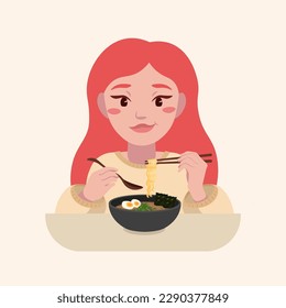 Happy young asian woman eating japanese ramen dish. A girl sits at a table in a restaurant and has lunch with delicious traditional food. Bon appetit. Flat vector illustration of a cute beautiful girl