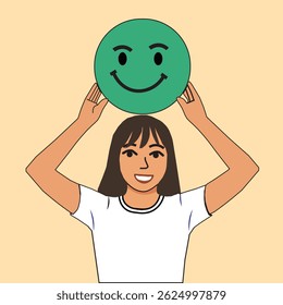 Happy young Asian woman holding smile emoji face, positive mental health, world mental health day concept, an illustration.
