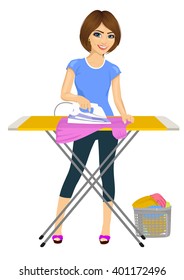 Happy young attractive woman ironing clothes. Housework
