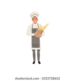 Happy young baker character holding traditional french baguettes in paper bag vector Illustration isolated on a white background