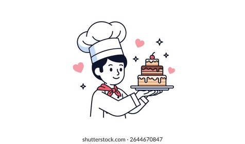 A happy young baker holding his three tier cake vector illustration design