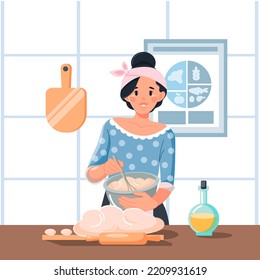 A happy young baker woman kneads baking dough in the kitchen. The girl cooks at home. Favorite hobby, home business. Vector illustration