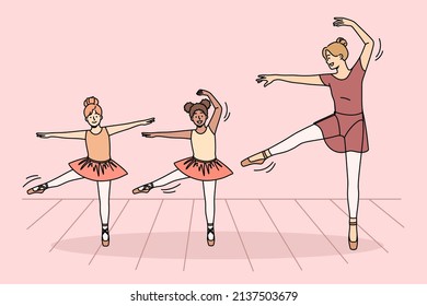 Feliz joven profesor de ballet en tutu bailando con niñas internacionales en clase. Niños bailarines sonrientes enseñan movimientos de bailarina con entrenadores en interiores. Hobby y entretenimiento. Ilustración vectorial. 