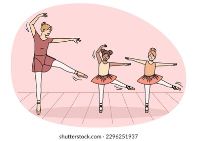 Feliz joven profesor de ballet en tutu bailando con niñas internacionales en clase. Niños bailarines sonrientes enseñan movimientos de bailarina con entrenadores en interiores. Hobby y entretenimiento. Ilustración vectorial.