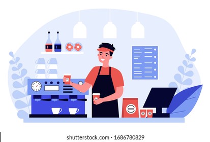 Happy young barista making coffee for customer flat vector illustration. Man standing behind counter and offering hot drink. Service, station and lunch concept.