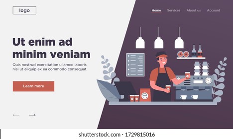 Happy young barista making coffee for customer flat vector illustration. Man standing behind counter and offering hot drink. Service, station and lunch concept.