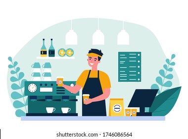 Happy young barista making coffee for customer flat vector illustration. Man standing behind counter and offering hot drink. Service, station and lunch concept.